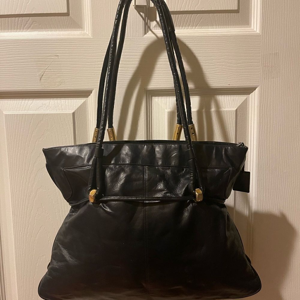 Lou Taylor vintage black leather Medium shoulder bag with gold tone accents